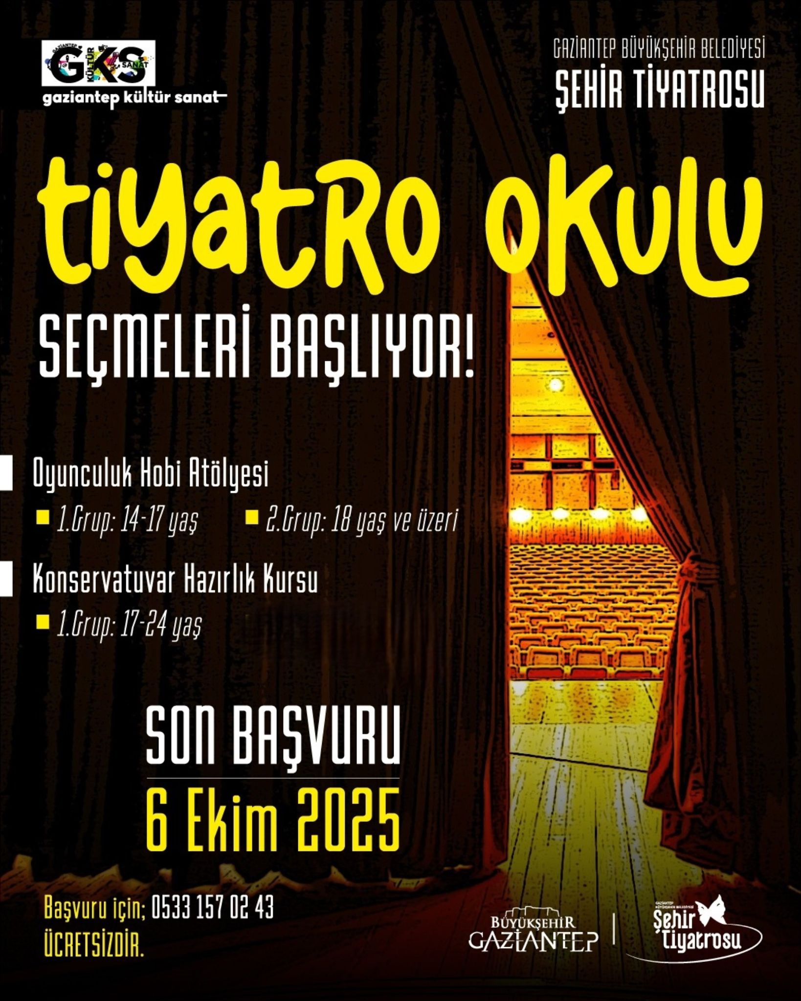 🎭 Gaziantep Büyükşehir Belediyesi Şehir Tiyatrosu Tiyatro Okulu Seçmeleri başlıyor! ✨