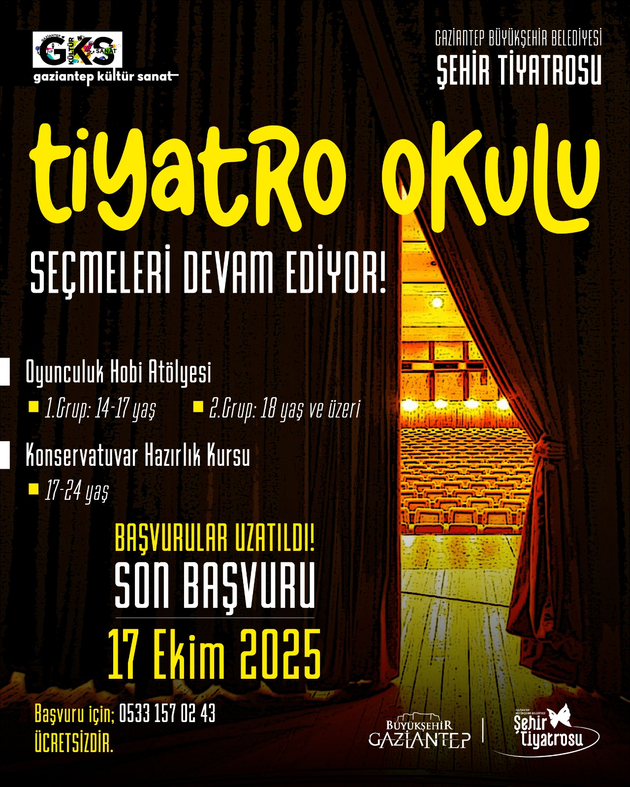 🎭 Gaziantep Büyükşehir Belediyesi Şehir Tiyatrosu Tiyatro Okulu Seçmeleri başlıyor! ✨