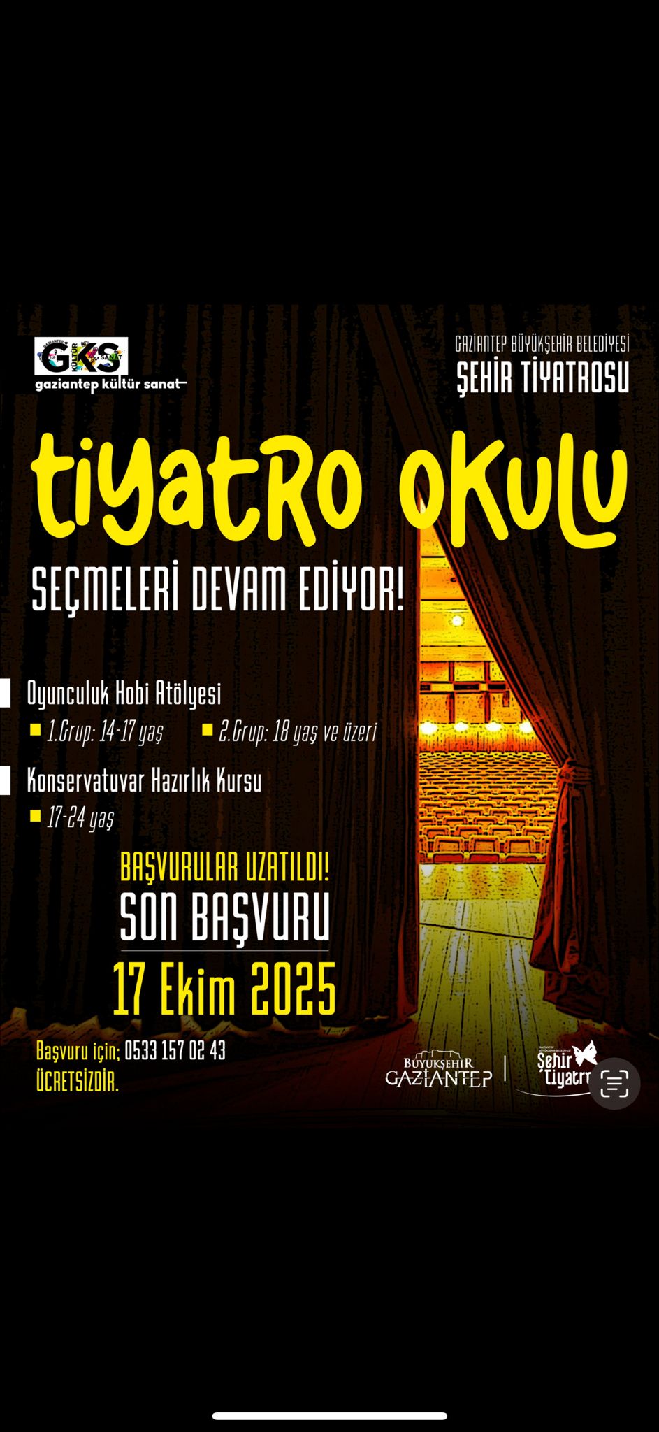 Gaziantep Büyükşehir Belediyesi Şehir Tiyatrosu Tiyatro Okulu Seçmeleri başlıyor!